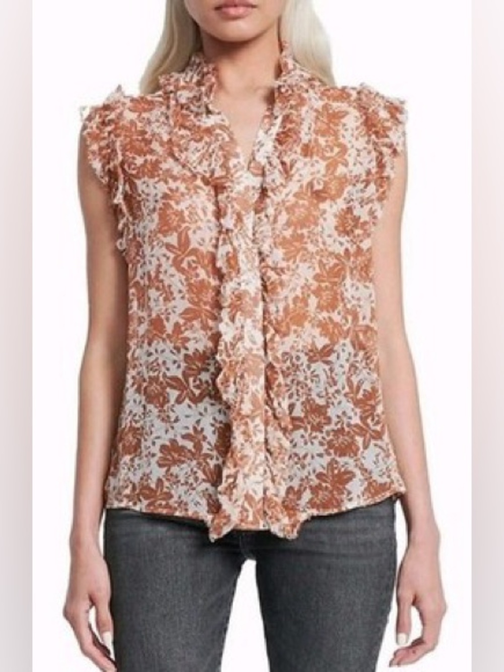 NWT 7 For All Mankind Cap Sleeve Ruffle Floral Blouse in Rust size Medium